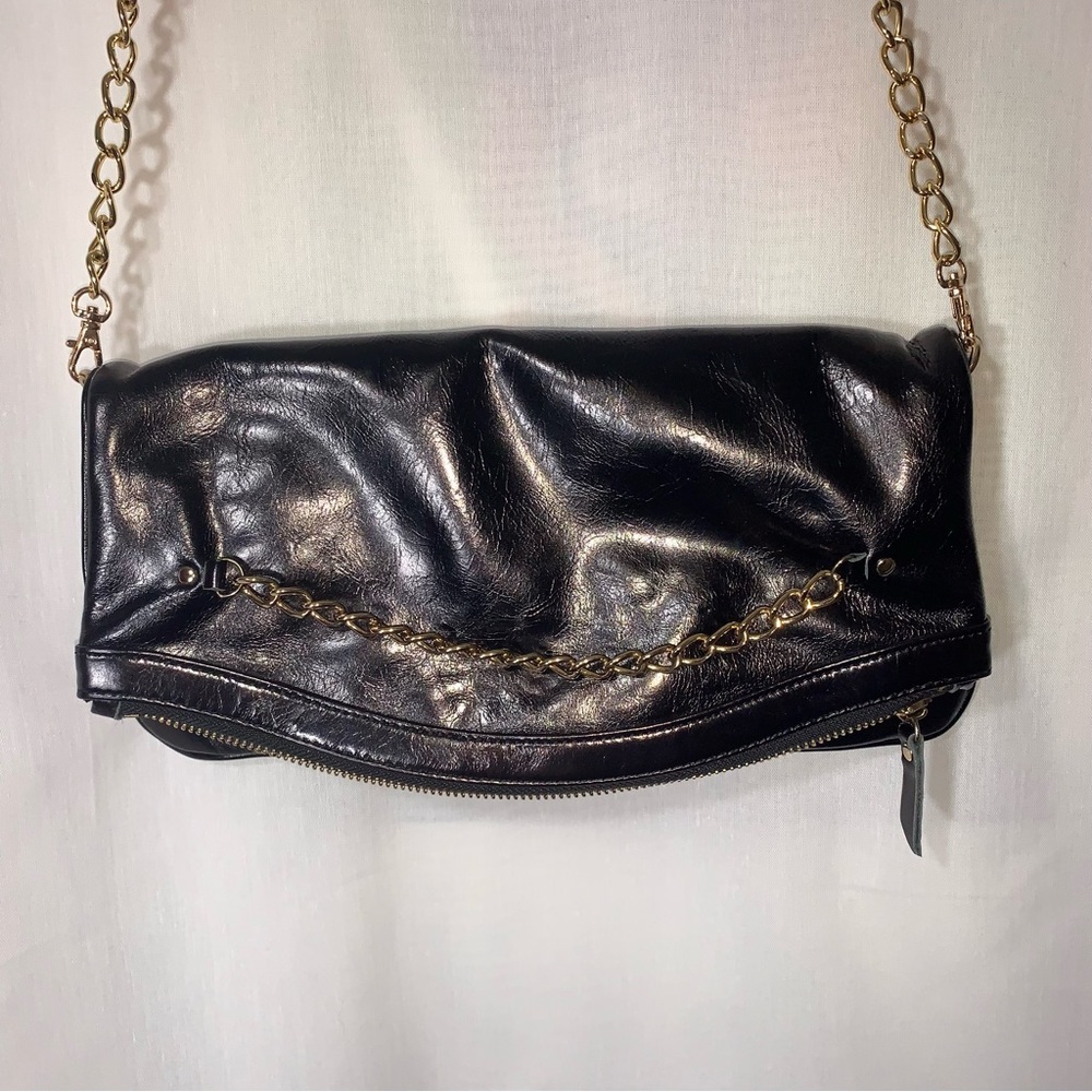 Elegant Black and Gold Ruched Clutch with Chain Strap